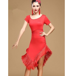 Royal blue red sequins tassels fringes women's ladies adult  short sleeves performance professional latin salsa cha cha dance dresses outfits